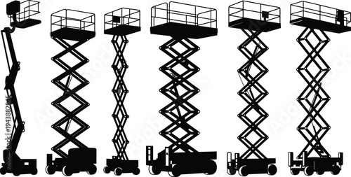 Scissor lift silhouettes, aerial work platform equipment flat vector construction illustration