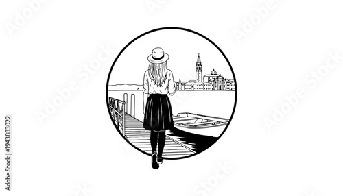 A woman in a hat walking on a dock with a city view