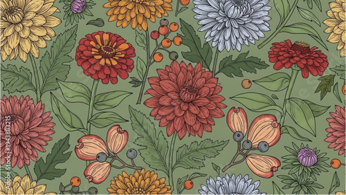 Vibrant flowers bloom in lush garden with green leaves and stems