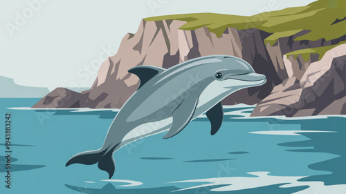 Dolphin jumping out of turquoise ocean water with cliffside landscape background