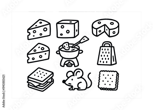 Cheese varieties and mouse illustration with fondue and grater outline
