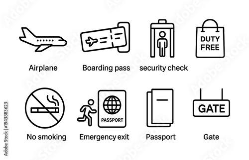 Airplane travel icons: boarding pass, security check, duty free, no smoking, gate
