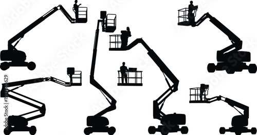 Boom lift silhouettes, aerial work platform workers flat vector construction illustration