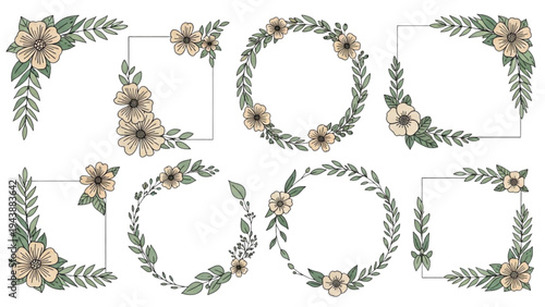 A floral illustration features green leaves and beige flowers decorating square frames and circular wreaths.