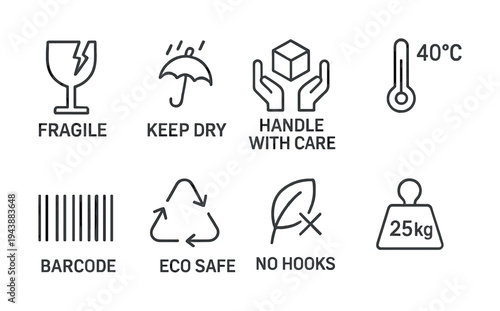 Shipping icons: fragile, keep dry, handle with care, temperature, barcode, recycling, no hooks, weight limit