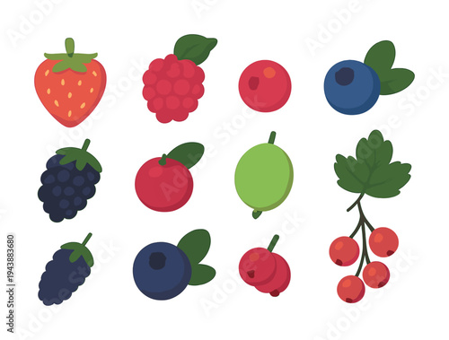 Various colorful berries: strawberry, raspberry, currants, blueberry, blackberry, gooseberry