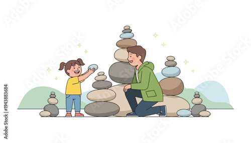 A man and a little girl building a stone tower together outdoors