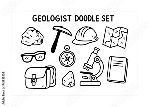 Geologist doodle set with rocks, tools, and maps