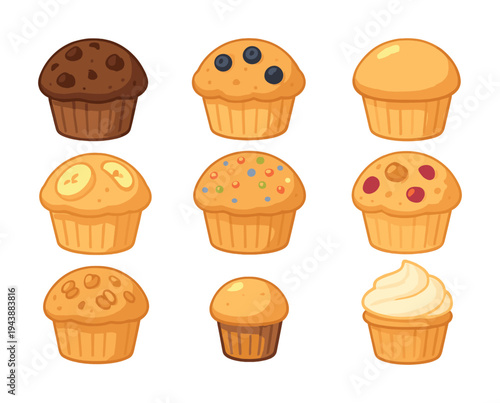 Assorted muffins: chocolate, blueberry, banana, vanilla, and frosted variants on display