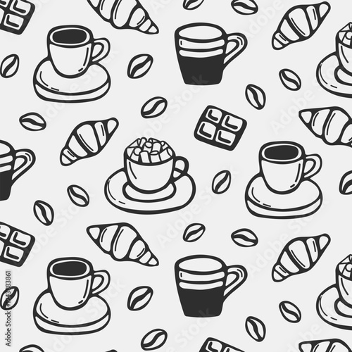 Seamless coffee shop pattern with hand drawn cups, beans, desserts and cafe elements. Cozy doodle background ideal for packaging, textile, menu design and coffee branding.
