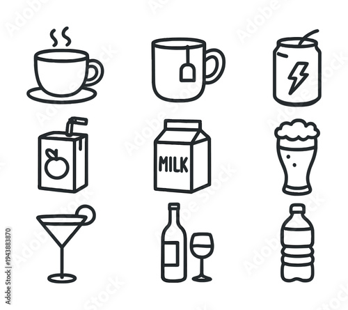 Simple line icons of various beverage containers