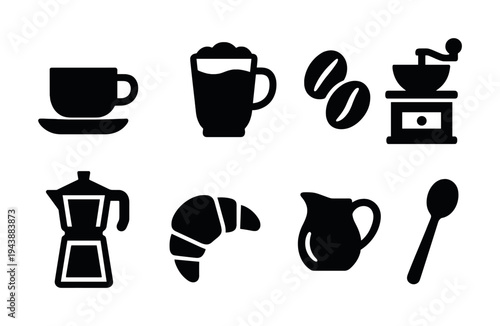 Coffee essentials: mug, grinder, beans, pot, croissant, pitcher, spoon icons