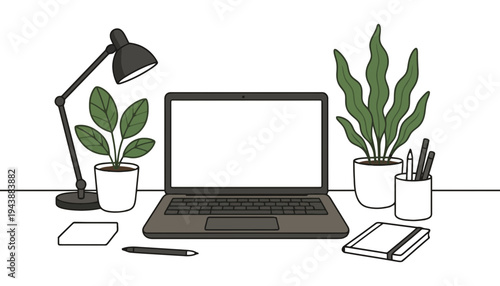A laptop computer illustration with office supplies on a desk