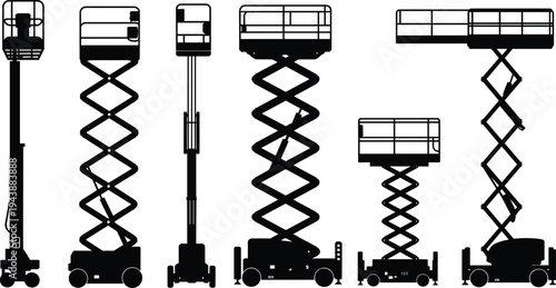 Aerial work platform silhouettes, scissor and boom lift flat vector illustration