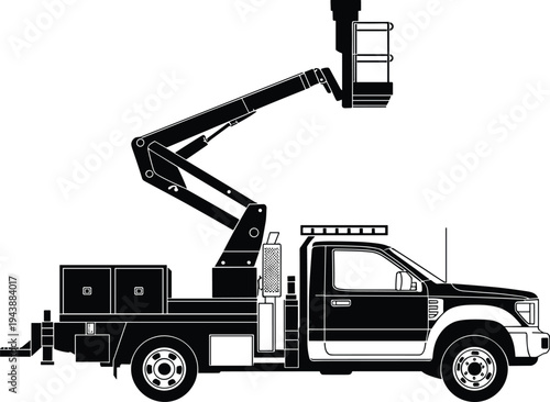 Bucket truck silhouette, hydraulic boom lift utility vehicle flat vector illustration