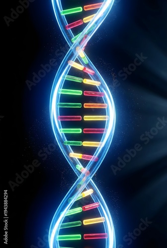 Glowing DNA Double Helix Blue Neon Science Genetic Biology Concept Dark Background Medical Biotechnology