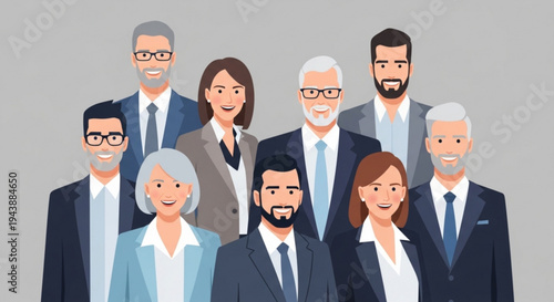 Diverse group of business professionals standing together in formal attire on gray background