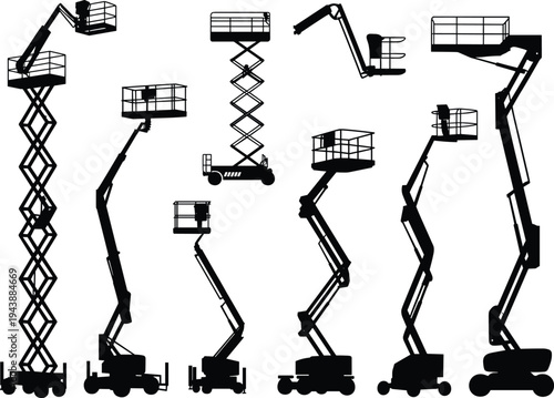 Flat vector silhouettes of scissor lifts and boom lifts illustration