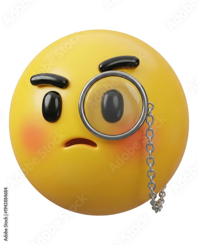 A yellow emoji keychain with a magnifying glass and a chain attached to it looks concerned