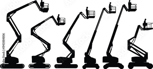Flat vector silhouettes of boom lifts with workers in baskets illustration