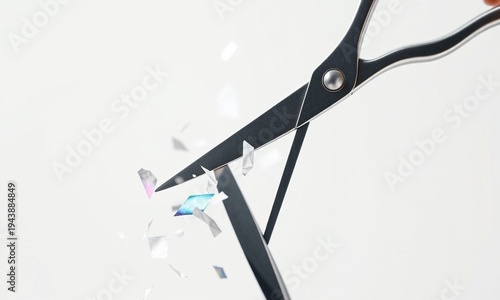 Artistic close-up of a pair of sharp, gleaming scissors, cutting abstract shapes that float away like iridescent, colorful confetti against a clean, minimalist background, ideal for transformation,