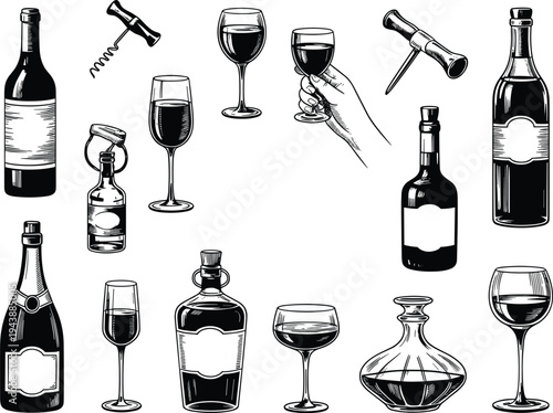 Wine bottles, glasses and corkscrew illustration set, vintage alcohol drink collection with decanter and bar tools engraving vector