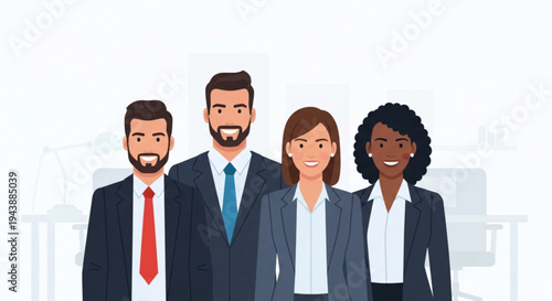 Diverse business team of four professionals standing together in office setting with friendly smiles