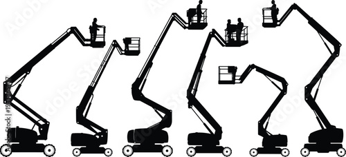 Flat vector silhouettes of articulated boom lifts construction equipment illustration