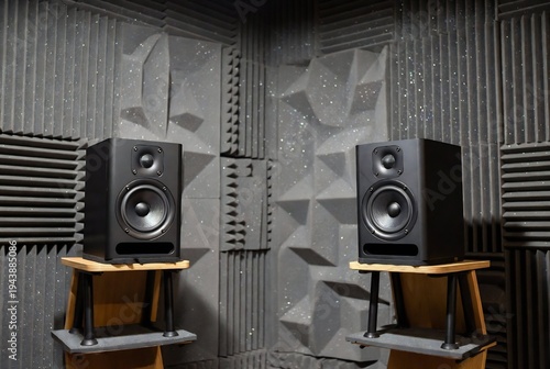 Two black studio monitors are positioned in an acoustically treated room.