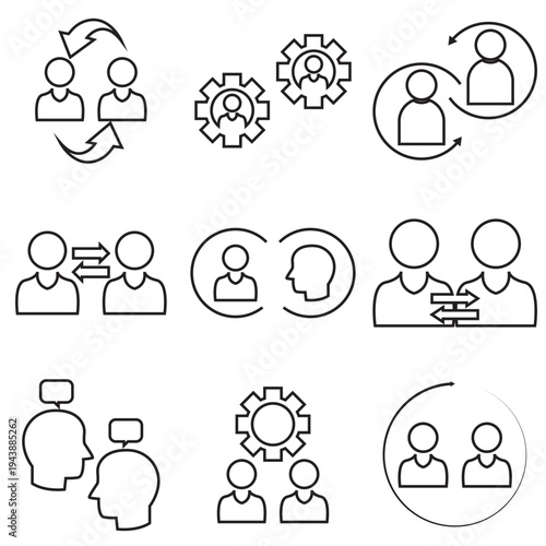 Human Interaction Icons .  Large set of human interaction line icons showing communication, teamwork, networking, conversation, meetings, and social relationships for UI design and infographics.