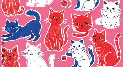 Playful textured vector cat stickers on pink background
