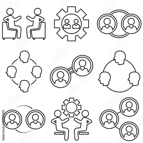 Human Interaction Icons .  Large set of human interaction line icons showing communication, teamwork, networking, conversation, meetings, and social relationships for UI design and infographics.