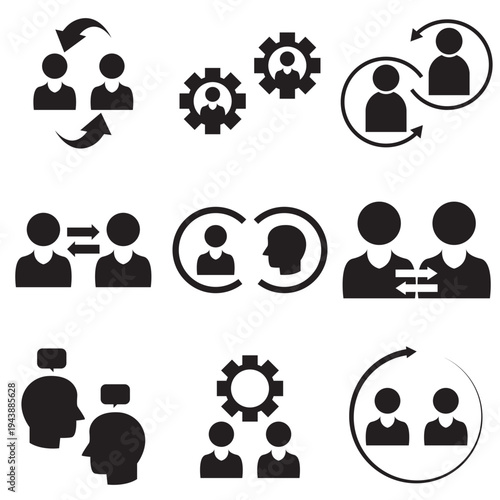 Human Interaction Icons .  Large set of human interaction line icons showing communication, teamwork, networking, conversation, meetings, and social relationships for UI design and infographics.