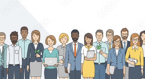 Diverse group of business professionals standing together in a line smiling and holding office supplies on a white background