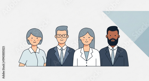 Diverse group of four business professionals standing together in a modern office setting with a minimalist background and geometric shapes