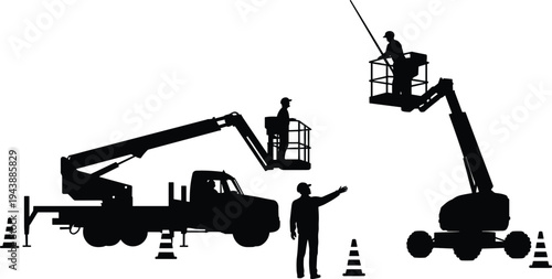 Construction workers using boom lifts with safety cones, teamwork coordination flat vector
