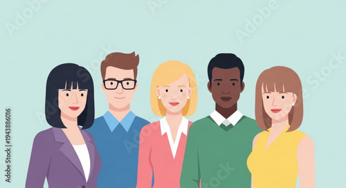 Diverse group of five people standing together in colorful casual business attire on light blue background