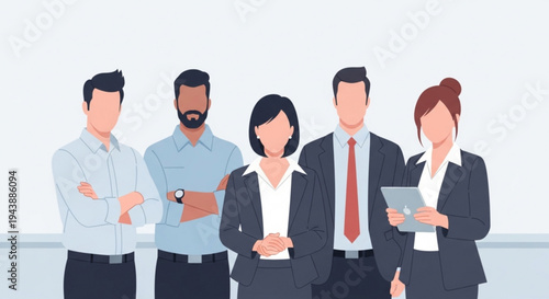 Diverse business team standing together in office setting with modern style and casual formal wear