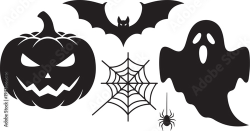 Halloween icons including pumpkin, ghost, bat, spider web, and spider