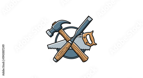 Hammer and saw carpentry tools crossed.