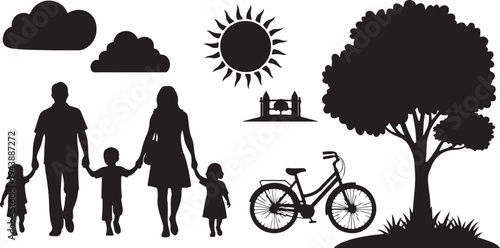 Happy family with children walking hand in hand outdoors