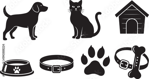Black silhouettes of pets and pet accessories icons set