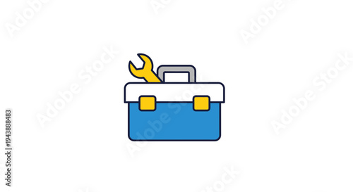 Blue toolbox with yellow wrench on top.