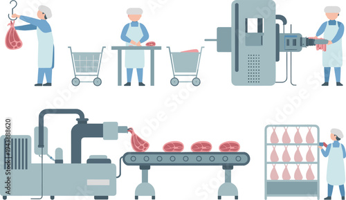 Industrial meat processing workflow illustration with butchers cutting beef, factory machines, conveyor belt system, packaging process in modern food industry