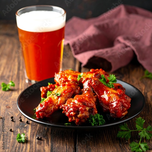 Saucy ribs on a plate with a glass of beer