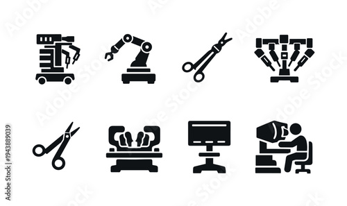 Surgical Robotics Equipment. Filled icon set of Surgical Robotics Equipment: robotic surgical cart,