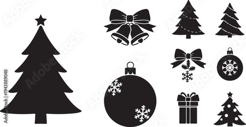 Christmas icons and decorations in black and white style
