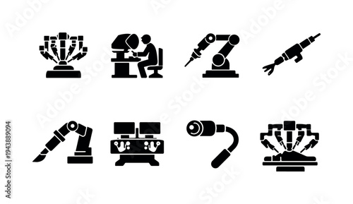 Robotic Surgery Technology. Filled icon set of Robotic Surgery Technology: surgical robot, robotic surgery