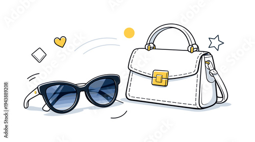 Accessories close-ups: sunglasses and handbags. A stylish pair of sunglasses resting on a crisp white surface