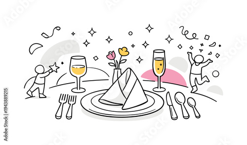 Elegant dinner setup. A chic table with neatly folded napkins, elegant cutlery, and a few accent flowers,